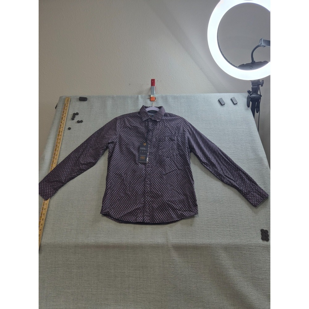 Nickel & Iron Shirt Mens Small Navy Mauve Cotton Floral Curved Hem Button Up